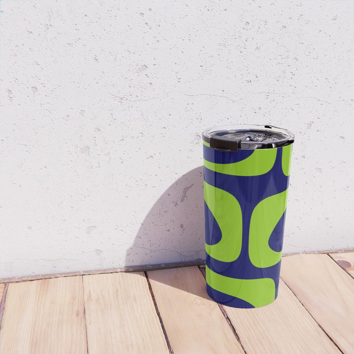 Mid Century Modern Piquet Abstract Pattern in Lime Green and Bright Navy Blue Travel Mug Gallery Image 4