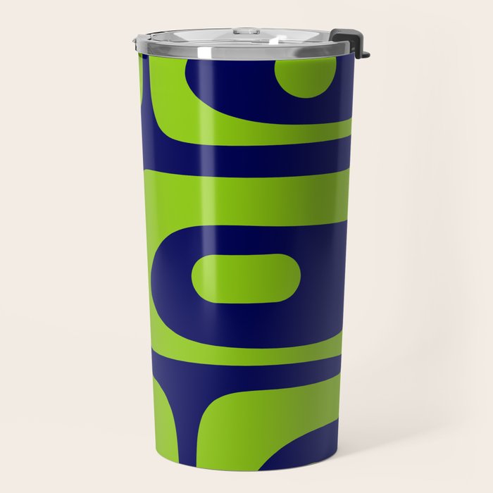 Mid Century Modern Piquet Abstract Pattern in Lime Green and Bright Navy Blue Travel Mug Gallery Image 2
