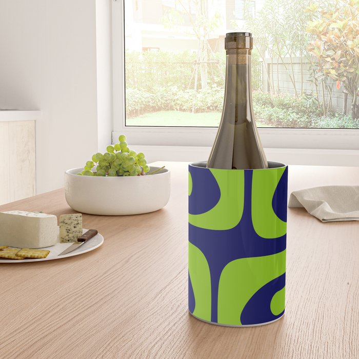 Mid Century Modern Piquet Abstract Pattern in Lime Green and Bright Navy Blue Wine Chiller Gallery Image 4