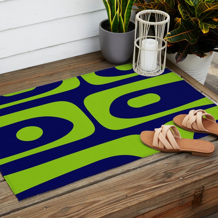 Mid Century Modern Piquet Abstract Pattern in Lime Green and Bright Navy Blue Outdoor Rug Gallery Image 2