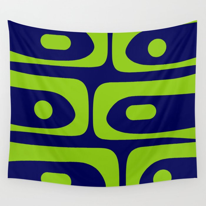 Mid Century Modern Piquet Abstract Pattern in Lime Green and Bright Navy Blue Wall Tapestry Gallery Image 1