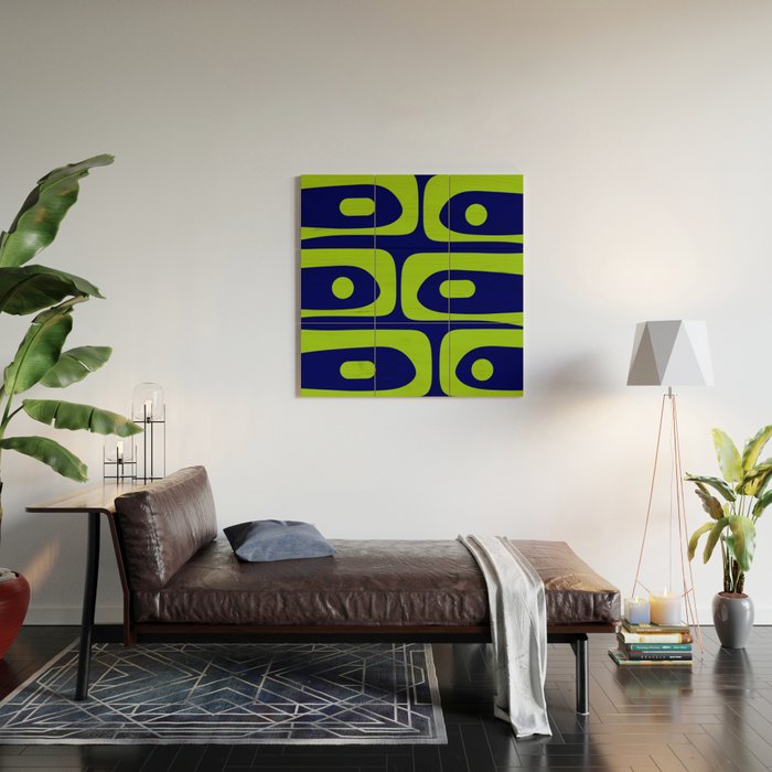 Mid Century Modern Piquet Abstract Pattern in Lime Green and Bright Navy Blue Wood Wall Art Gallery Image 2