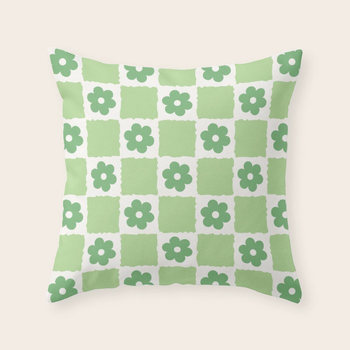 Flower Check in Forest Green Pattern Throw Pillow Gallery Image 1