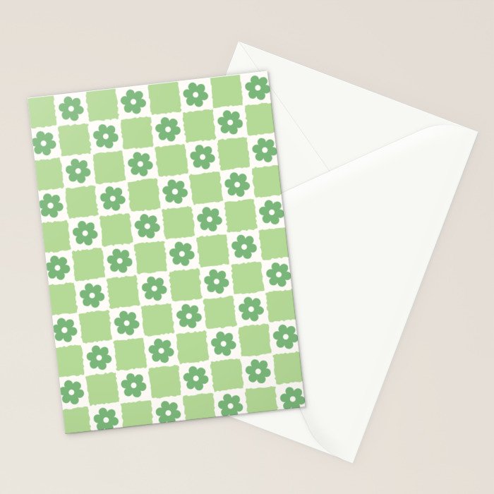 Flower Check in Forest Green Pattern Stationery Card Gallery Image 2