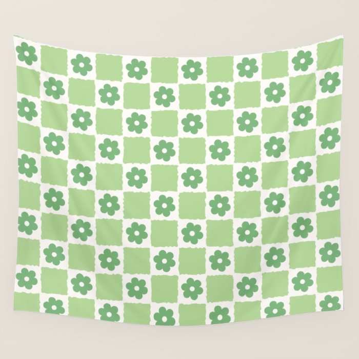 Flower Check in Forest Green Pattern Wall Tapestry Gallery Image 4