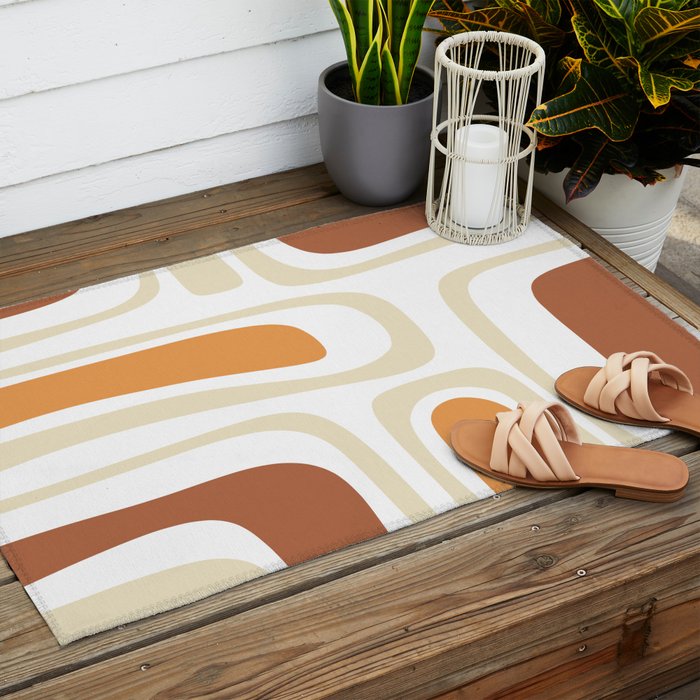 Palm Springs Mid-Century Minimalist Abstract Brown Ochre Beige White Outdoor Rug Gallery Image 2