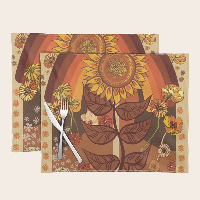 70s, Sunflower, retro, rainbow, warm colors, 60s, boho Placemat Gallery Image 1