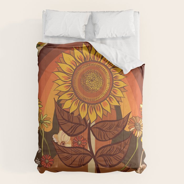 70s, Sunflower, retro, rainbow, warm colors, 60s, boho Comforter Gallery Image 6