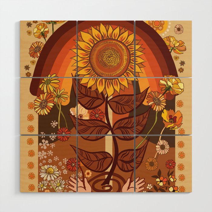 70s, Sunflower, retro, rainbow, warm colors, 60s, boho Wood Wall