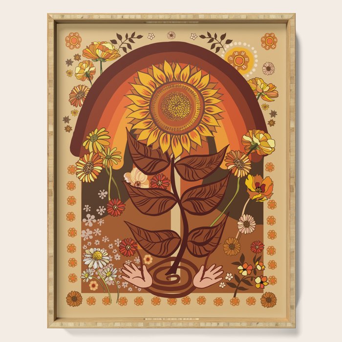 70s, Sunflower, retro, rainbow, warm colors, 60s, boho Serving Tray Gallery Image 1