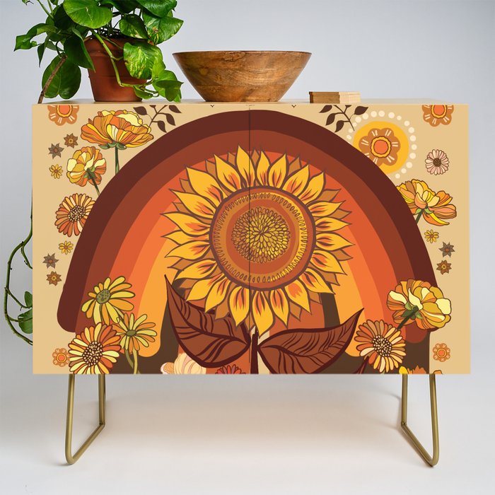 70s, Sunflower, retro, rainbow, warm colors, 60s, boho Credenza Gallery Image 1