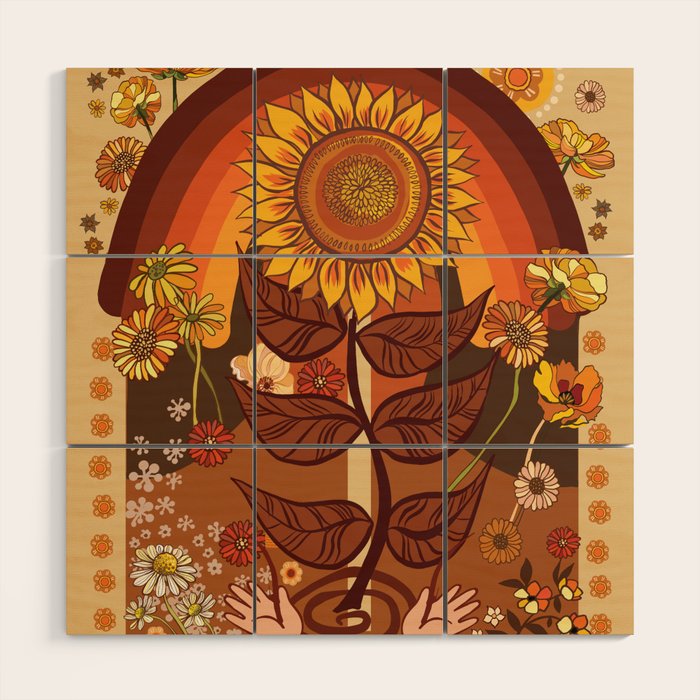 70s, Sunflower, retro, rainbow, warm colors, 60s, boho Wood Wall Art Gallery Image 1