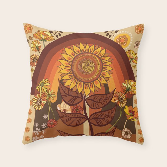 70s, Sunflower, retro, rainbow, warm colors, 60s, boho Throw Pillow Gallery Image 6