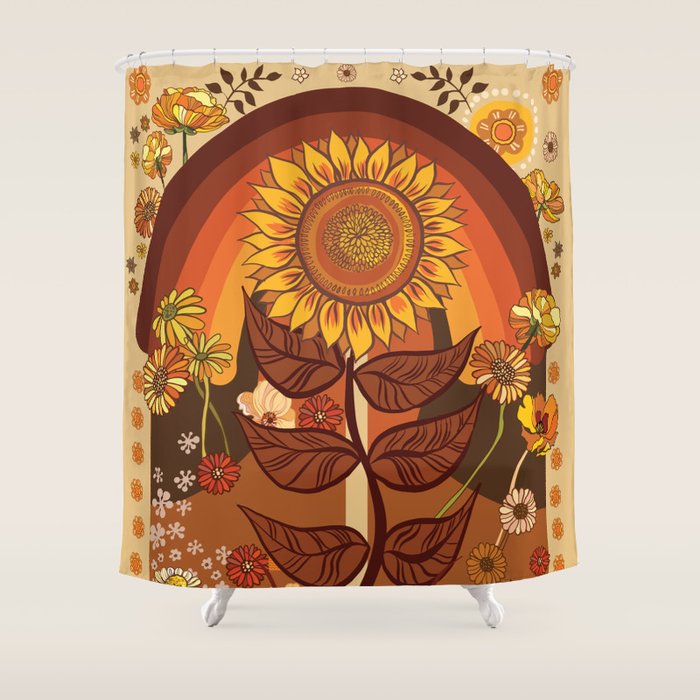 70s, Sunflower, retro, rainbow, warm colors, 60s, boho Shower Curtain Gallery Image 1