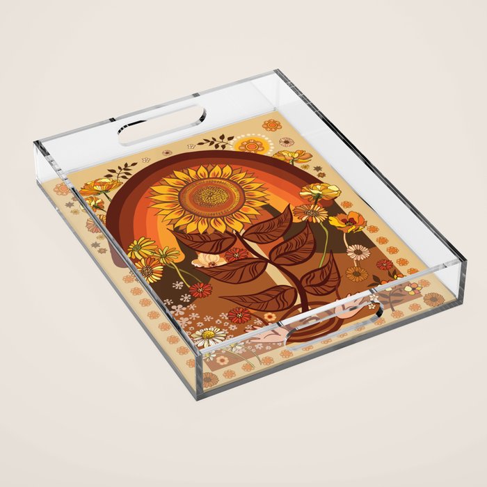 70s, Sunflower, retro, rainbow, warm colors, 60s, boho Acrylic Tray Gallery Image 1