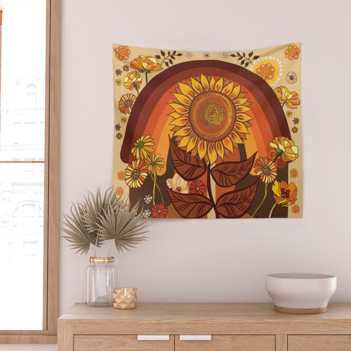 70s, Sunflower, retro, rainbow, warm colors, 60s, boho Wall Tapestry Gallery Image 2