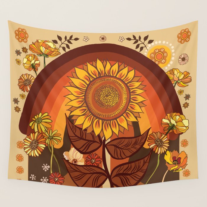 70s, Sunflower, retro, rainbow, warm colors, 60s, boho Wall Tapestry Gallery Image 1
