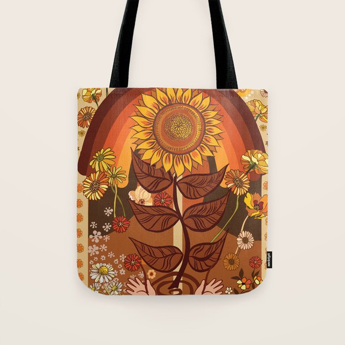 70s, Sunflower, retro, rainbow, warm colors, 60s, boho Tote Bag Gallery Image 1