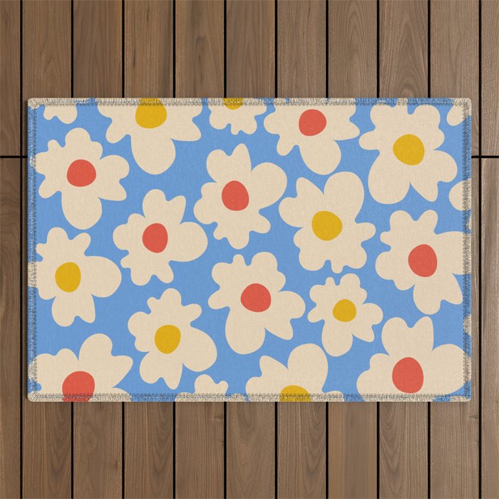 Abstract Flower Shape - Blue, Yellow and Red Outdoor Rug Gallery Image 1