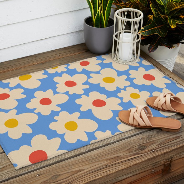 Abstract Flower Shape - Blue, Yellow and Red Outdoor Rug Gallery Image 2