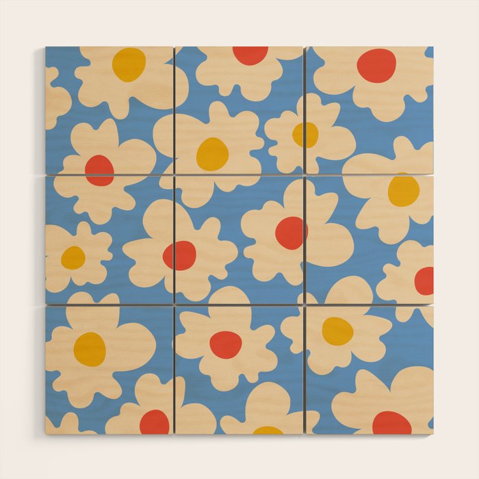 Abstract Flower Shape - Blue, Yellow and Red Wood Wall Art Gallery Image 1