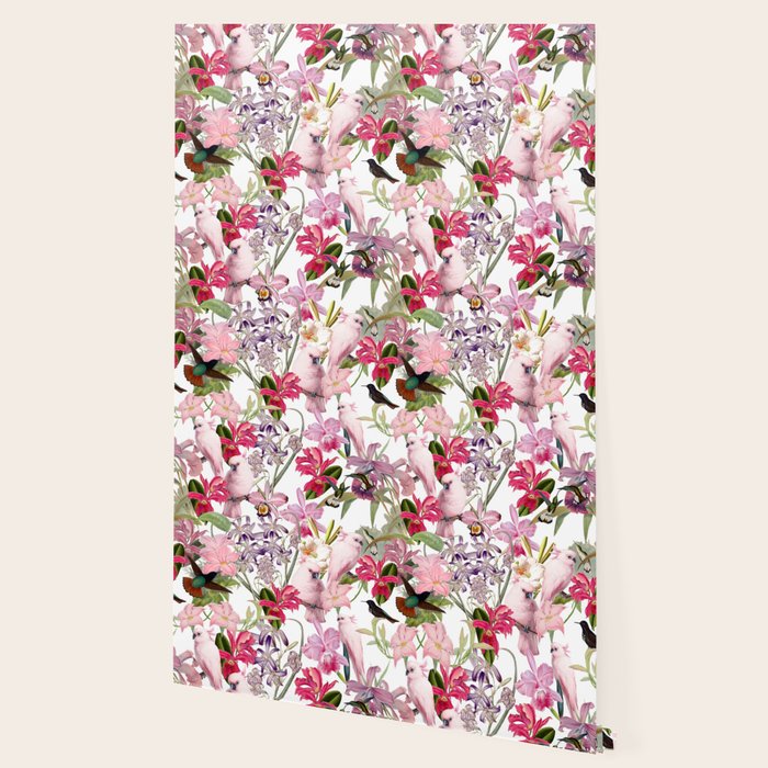 Vintage & Shabby Chic Pink Cockatoo Tropical Flower Jungle Wallpaper Gallery Image 2