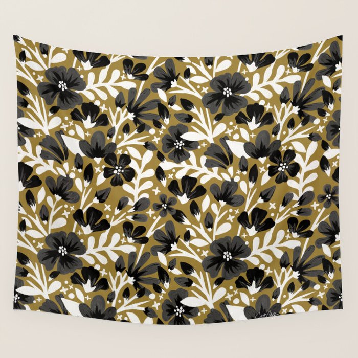 Blossom Pattern â Black & White on Kraft Wall Tapestry Gallery Image 1