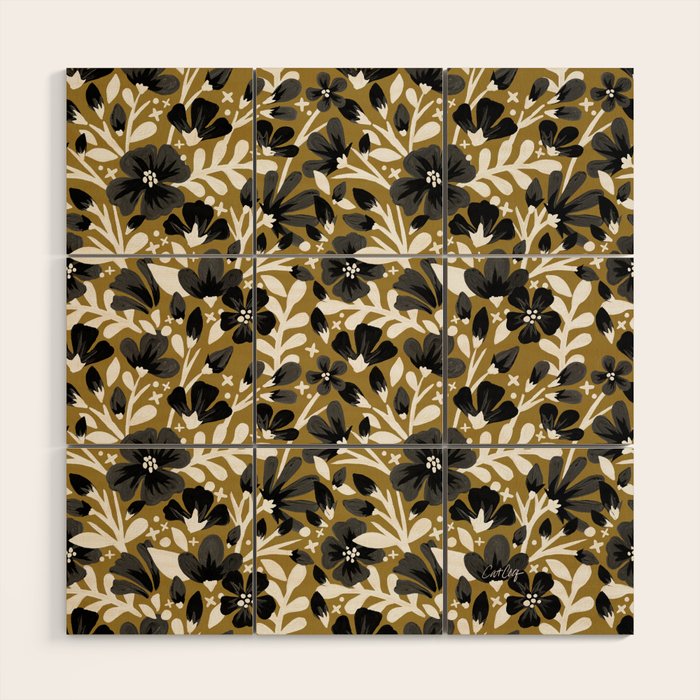 Blossom Pattern â Black & White on Kraft Wood Wall Art Gallery Image 1