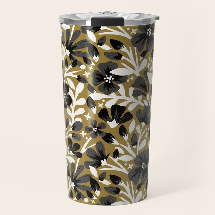 Blossom Pattern â Black & White on Kraft Travel Mug Gallery Image 1