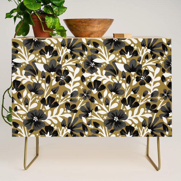 Blossom Pattern â Black & White on Kraft Credenza Gallery Image 1