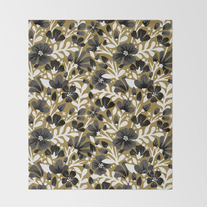 Blossom Pattern â Black & White on Kraft Throw Blanket Gallery Image 2