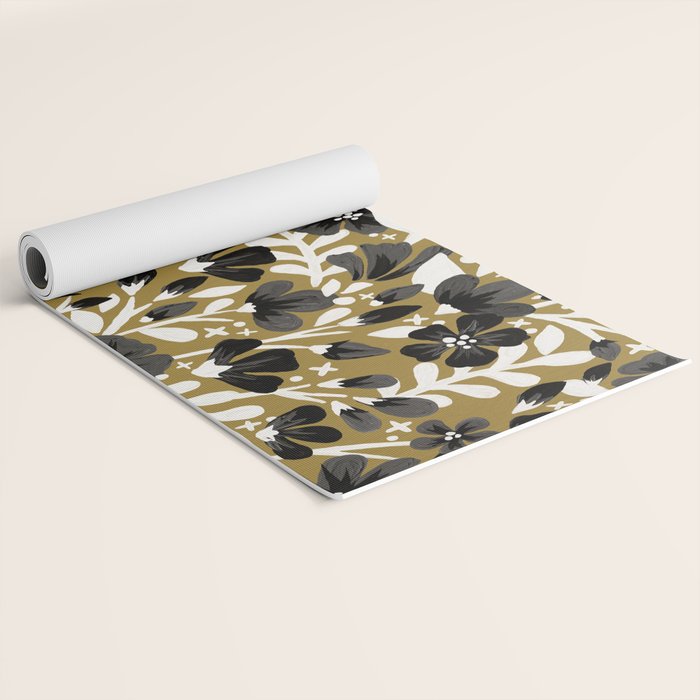 Blossom Pattern â Black & White on Kraft Yoga Mat Gallery Image 2