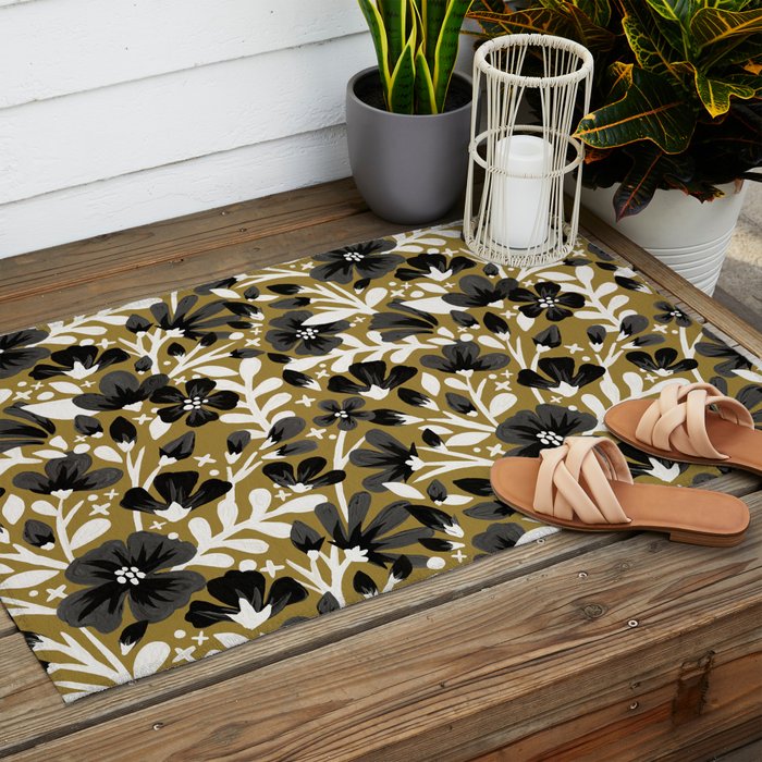 Blossom Pattern â Black & White on Kraft Outdoor Rug Gallery Image 2