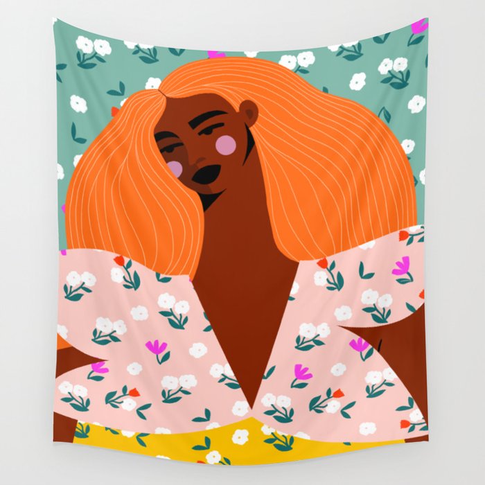 Dainty Floral Beauty - Orange Hair Wall Tapestry Gallery Image 4