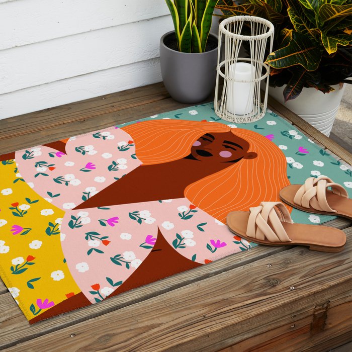 Dainty Floral Beauty - Orange Hair Outdoor Rug Gallery Image 2