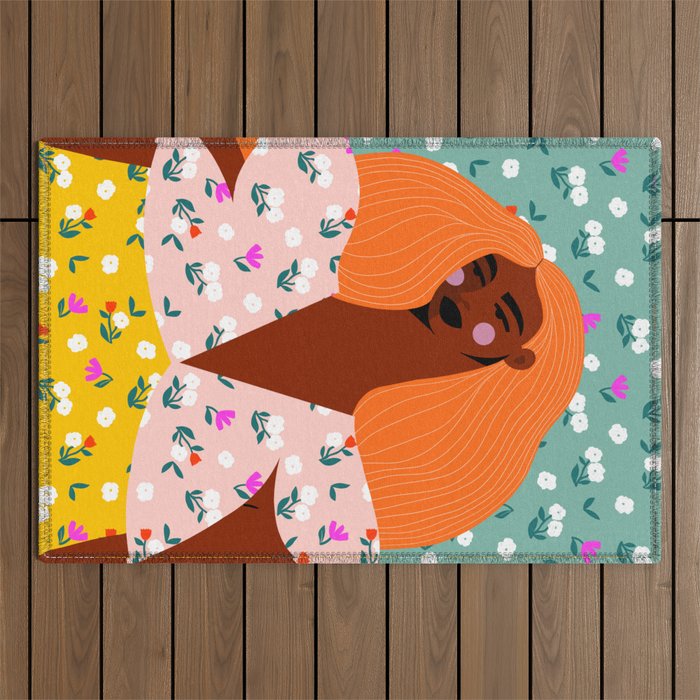 Dainty Floral Beauty - Orange Hair Outdoor Rug Gallery Image 1