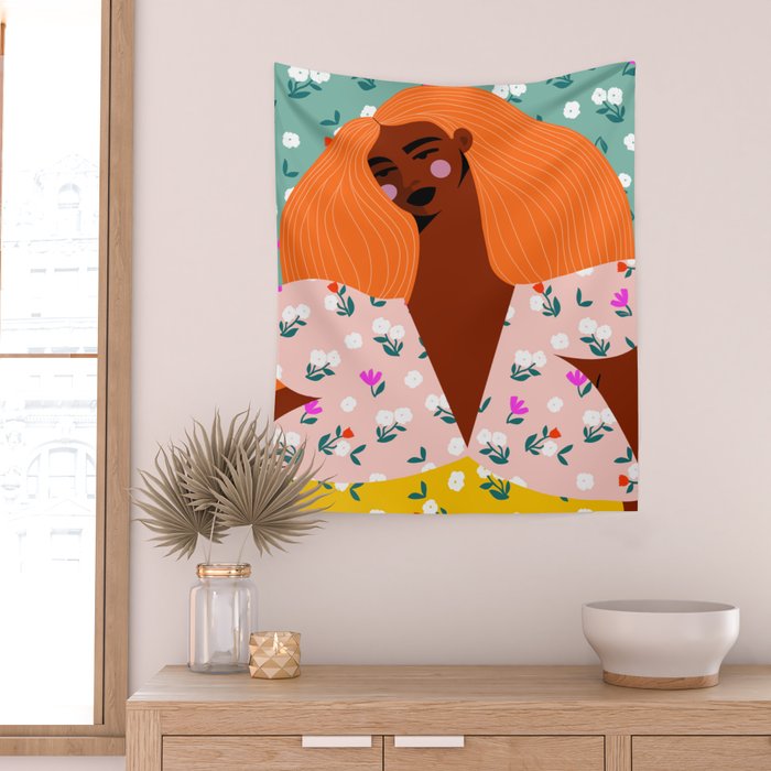 Dainty Floral Beauty - Orange Hair Wall Tapestry Gallery Image 2