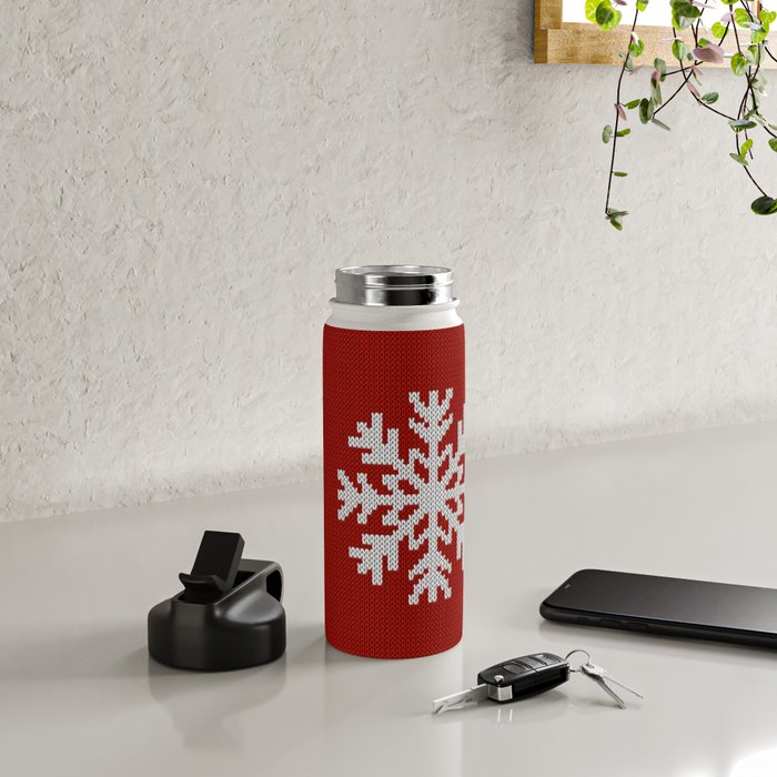 Classic Red Christmas white snowflake knit Water Bottle Gallery Image 4