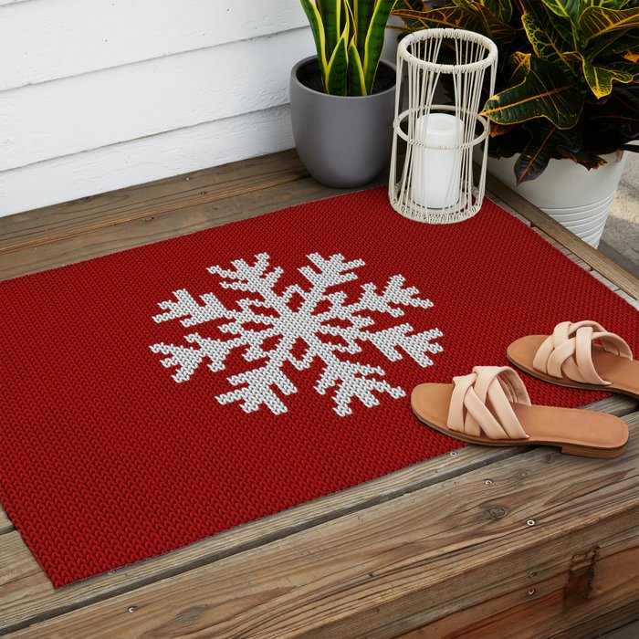 Classic Red Christmas white snowflake knit Outdoor Rug Gallery Image 2