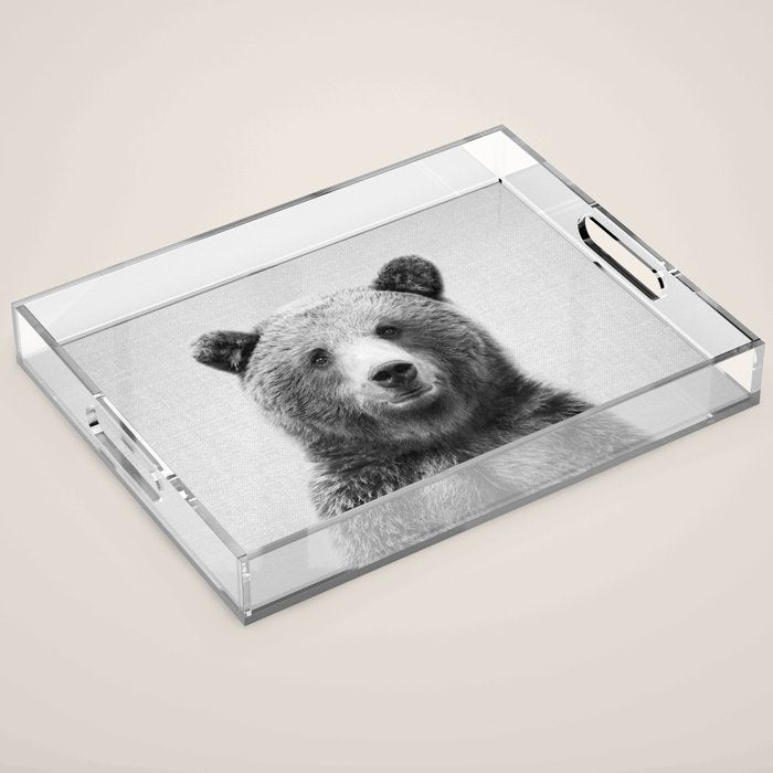 Grizzly Bear - Black & White Acrylic Tray Gallery Image 1