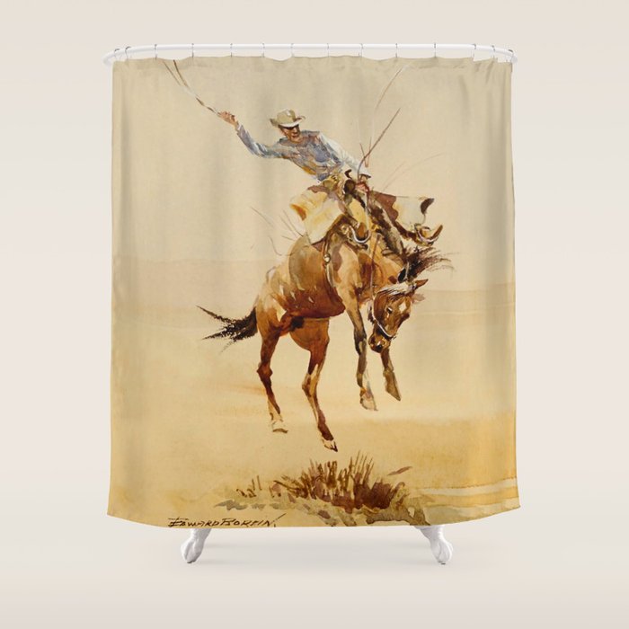 Cowboy on a Bucking Horse 2 by Edward Borein Shower Curtain Gallery Image 1
