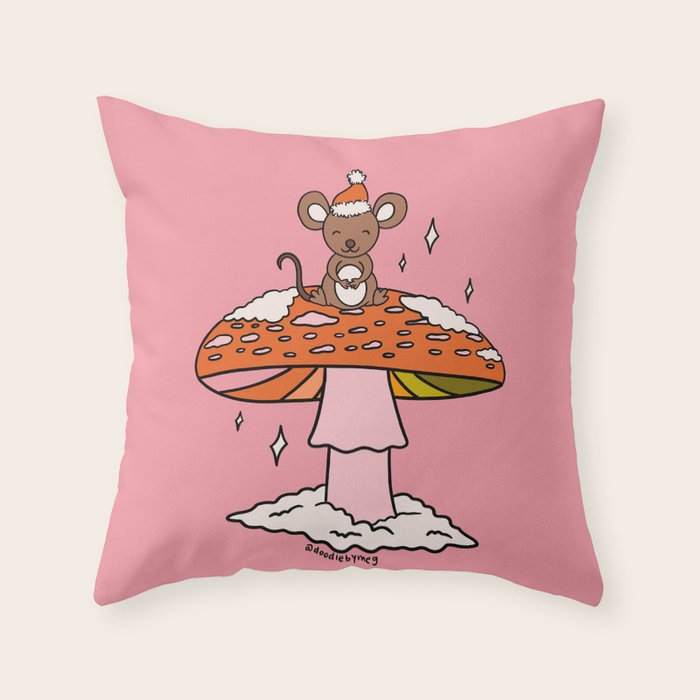 Christmas Mouse on a Mushroom Throw Pillow Gallery Image 1