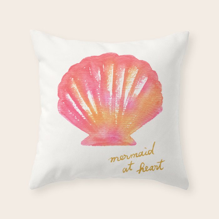 Mermaid at Heart - Pink Shell Watercolor Painting Throw Pillow Gallery Image 6