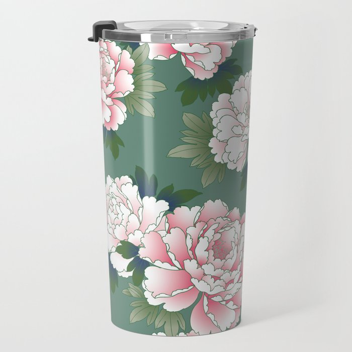 Japanese Vintage Pink Peonies Green Leaves Kimono Pattern Travel Mug Gallery Image 3