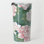 Japanese Vintage Pink Peonies Green Leaves Kimono Pattern Travel Mug Gallery Image 3