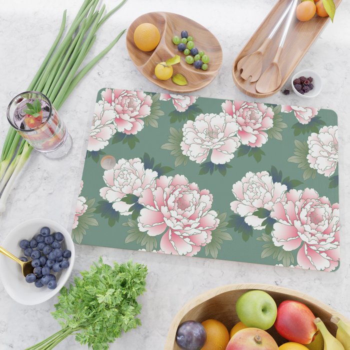 Japanese Vintage Pink Peonies Green Leaves Kimono Pattern Cutting Board Gallery Image 2