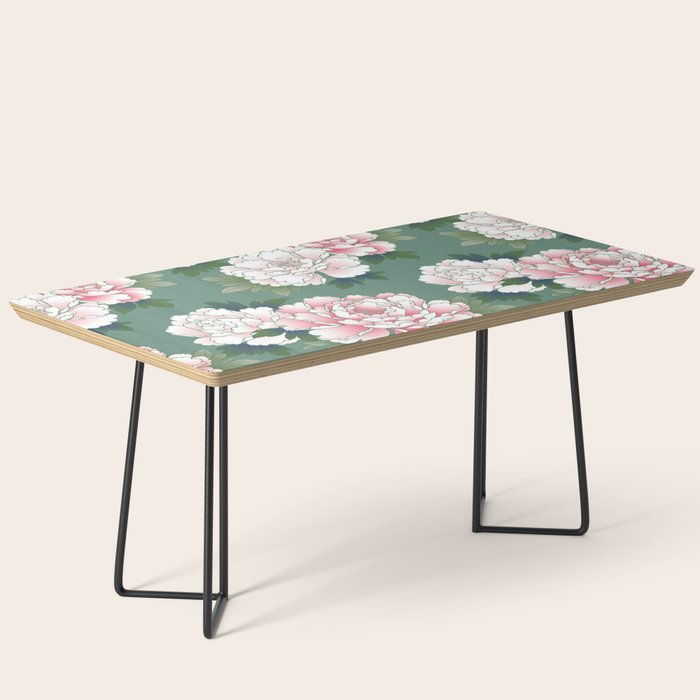 Japanese Vintage Pink Peonies Green Leaves Kimono Pattern Coffee Table Gallery Image 1