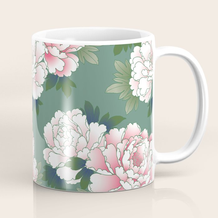 Japanese Vintage Pink Peonies Green Leaves Kimono Pattern Coffee Mug Gallery Image 1