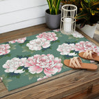Japanese Vintage Pink Peonies Green Leaves Kimono Pattern Outdoor Rug Gallery Image 2