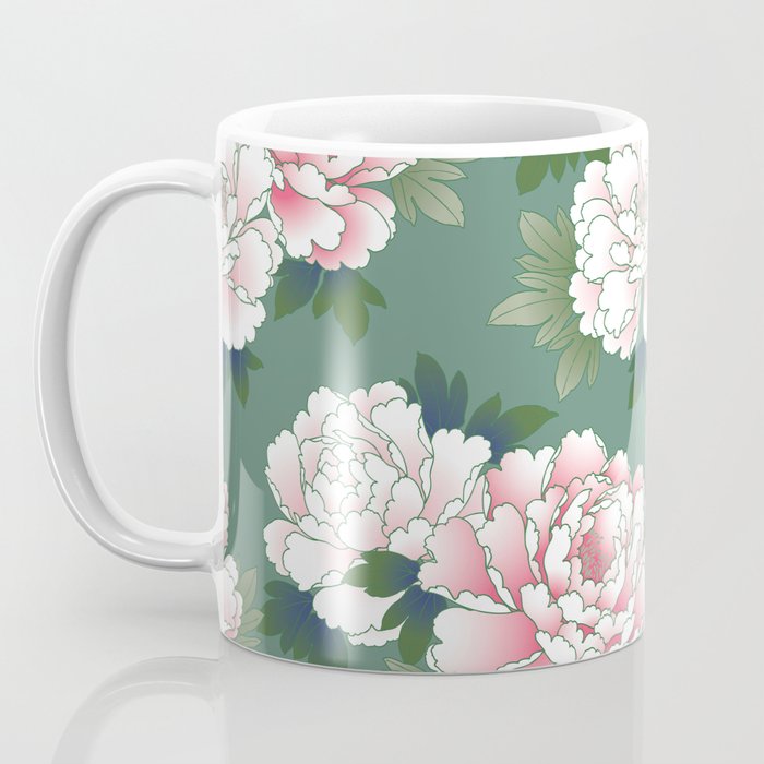 Japanese Vintage Pink Peonies Green Leaves Kimono Pattern Coffee Mug Gallery Image 3